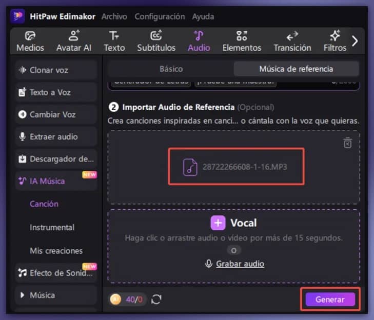 La mejor herramienta para crear canciones 2025 23 HitPaw Edimakor: Interfaz de creación de música con IA, con opción de importar audio de referencia y generar música personalizada.