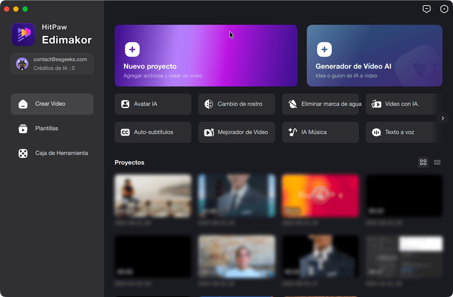 Interfaz de HitPaw Edimakor para crear imágenes con Nanobanana y opciones de edición de video con IA.