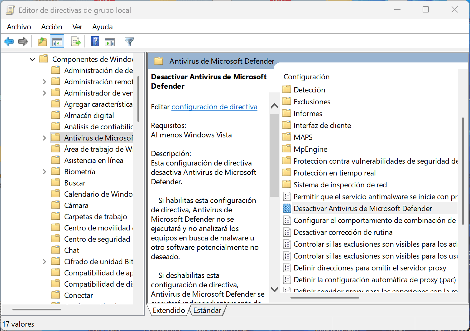 Cómo Desactivar o Eliminar Windows Defender en Windows 17 Cómo desactivar Windows Defender con la Ventana del Editor de directivas de grupo local