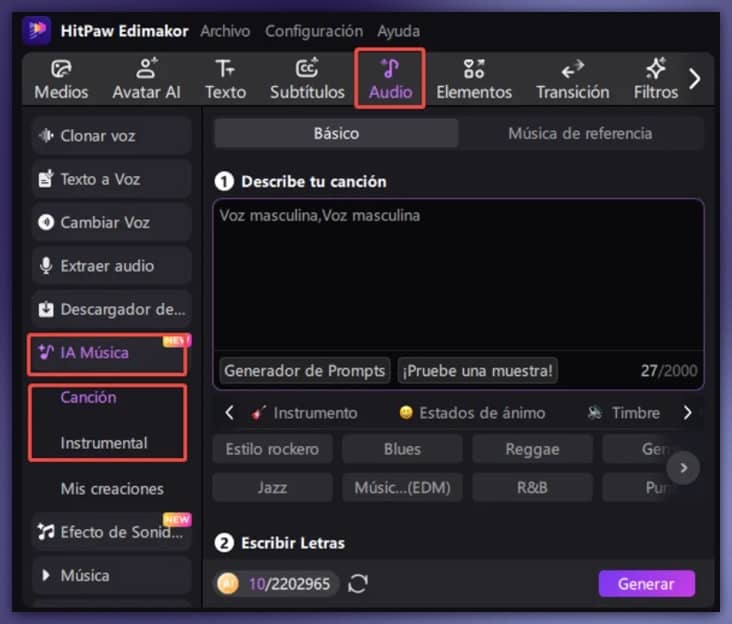 La mejor herramienta para crear canciones 2025 21 Interfaz de HitPaw Edimakor mostrando la sección "IA Música" y las opciones para generar música con IA, incluyendo la descripción de la canción y la selección de estilos musicales.