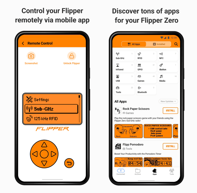 Captura de pantalla de la app móvil oficial de Flipper Zero, mostrando opciones de control remoto y una galería de aplicaciones.