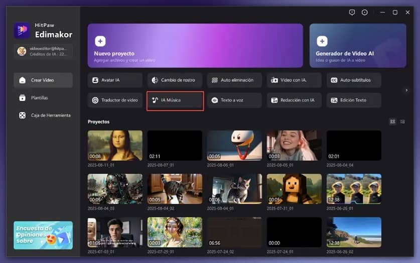 La mejor herramienta para crear canciones 2025 19 Interfaz de HitPaw Edimakor mostrando la función "IA Música" para crear canciones con ia inteligencia artificial.
