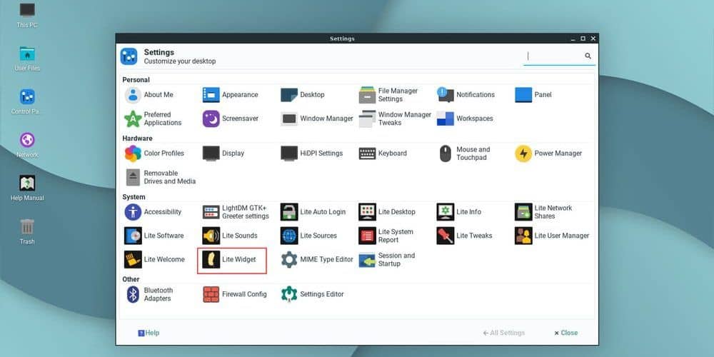 Pantalla de configuración de Linux Lite, destacando Lite Widget, perfecta para Linux Lite para equipos antiguos.