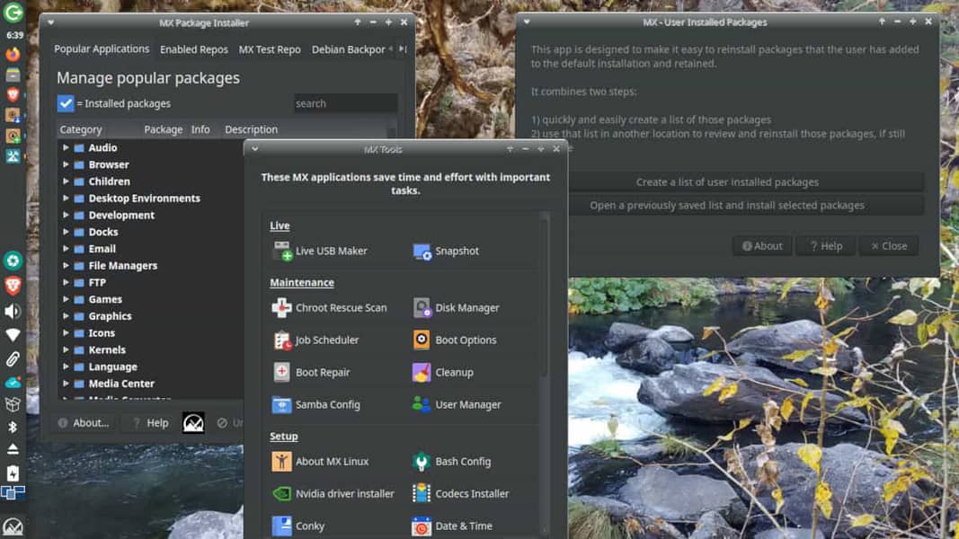 Escritorio de MX Linux con varias herramientas de sistema abiertas, mostrando su interfaz robusta, ideal para laptops antiguas.