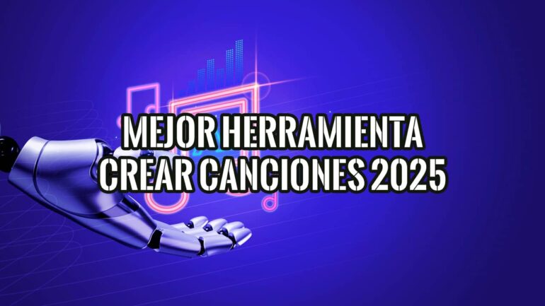 La mejor herramienta para crear canciones 2025 16 Una mano robótica y texto "Mejor Herramienta Crear Canciones 2025", imagen para un post sobre herramientas de creación musical.