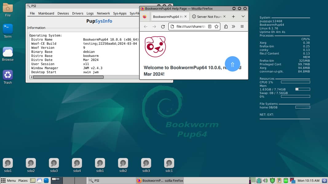 Escritorio de Puppy Linux con ventanas de información del sistema y navegador, destacando que Puppy Linux es ideal para PC antiguos.