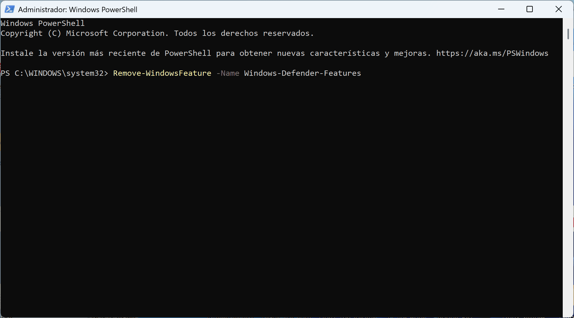 Cómo Desactivar o Eliminar Windows Defender en Windows 23 Windows PowerShell mostrando el comando Remove-WindowsFeature -Name Windows-Defender-Features para desactivar Windows Defender.