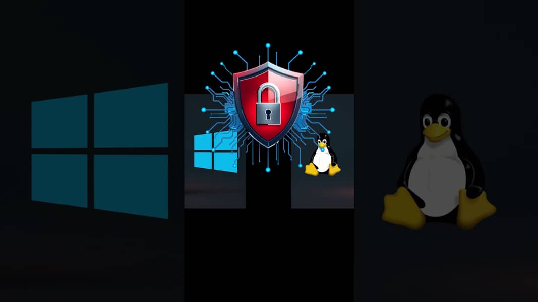 Análisis Definitivo: ¿Por qué Linux es más seguro que Windows? 17 Ilustración que compara la seguridad de los sistemas operativos Windows y Linux, mostrando sus logos junto a un escudo central.