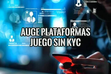 Ilustración sobre el auge de las plataformas de juego sin KYC, con una persona usando un móvil y una interfaz digital de fondo.