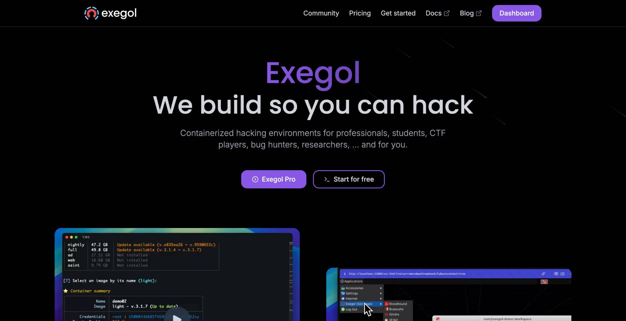 Interfaz web de Exegol, una plataforma de seguridad ofensiva que ofrece entornos de hacking para profesionales.