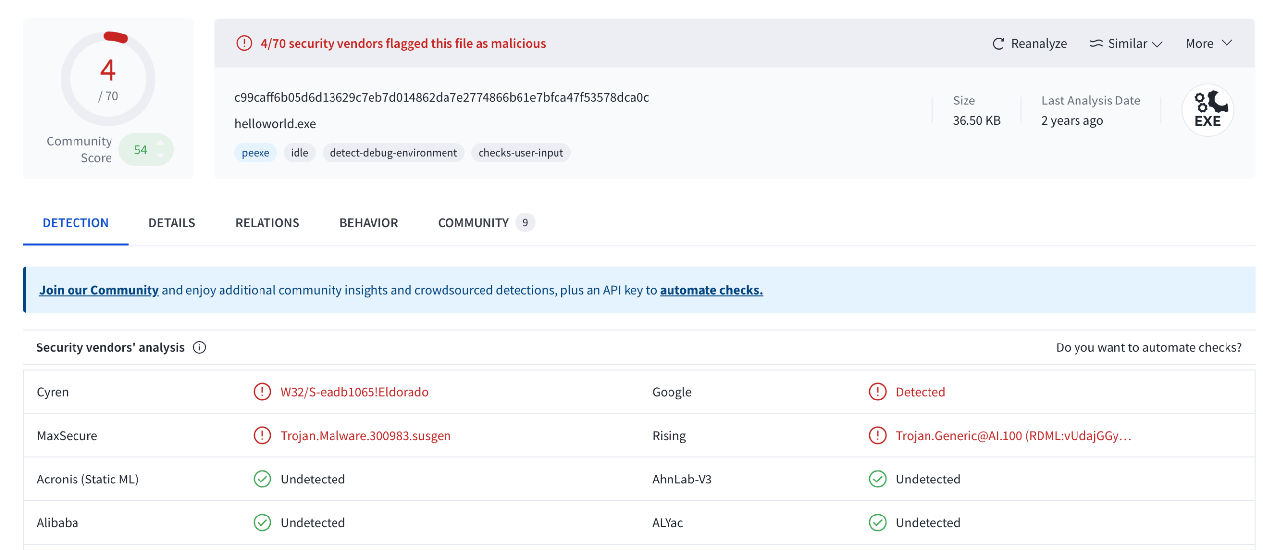 Falsos Positivos de Antivirus: Las Debilidades que Ocultan 19 Reporte de VirusTotal mostrando un falso positivo de antivirus para un archivo "Hola Mundo" con 4 de 70 detecciones.