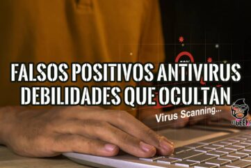 Persona usando un portátil con un texto sobre falsos positivos de antivirus, ilustrando las debilidades de la seguridad.