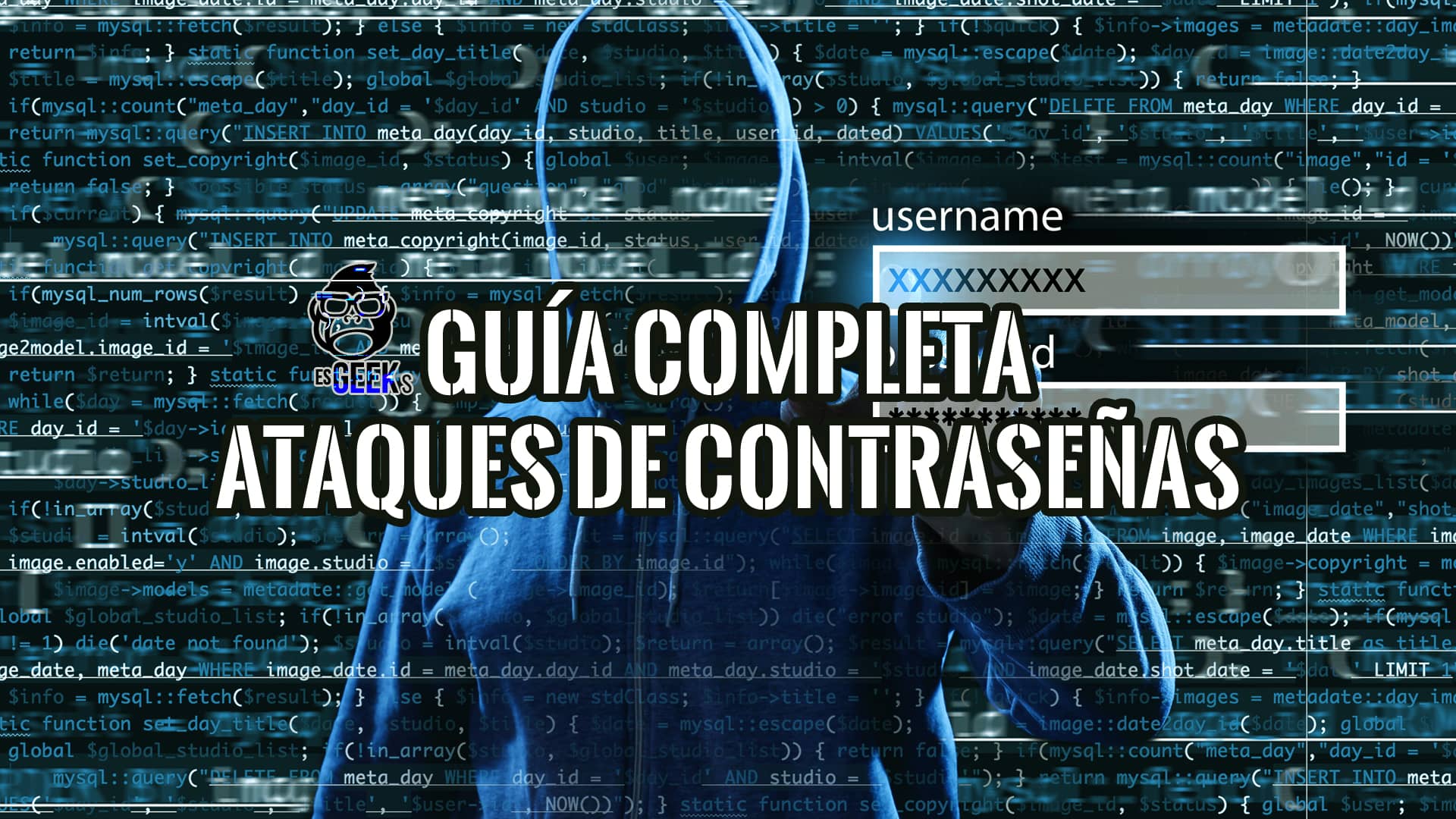 Hacker encapuchado frente a código y login, ilustrando una guía sobre los tipos de ataques de contraseñas y su prevención.