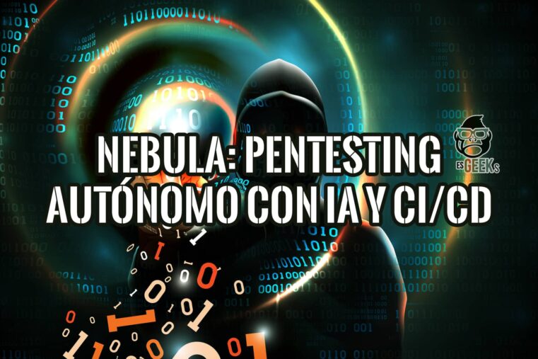 Figura con capucha en un entorno digital de código binario, representando a Nebula y el pentesting autónomo con IA y CI/CD.