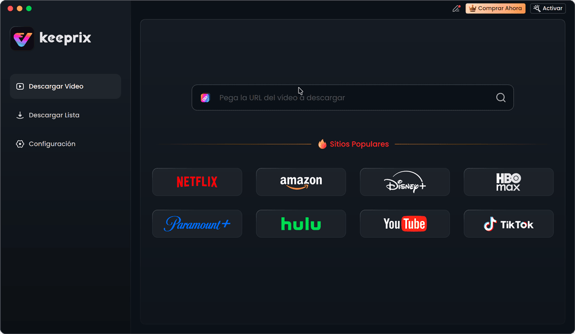 Cómo Descargar Películas Gratis para Ver sin Conexión 19 Captura de pantalla de la interfaz de uso Keeprix Downloader, mostrando la barra para pegar URLs y los sitios populares compatibles.