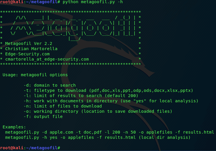8 Herramientas OSINT para Ciberseguridad y Reconocimiento 20 Terminal de Kali Linux mostrando los comandos de ayuda de la Metagoofil herramienta OSINT para extraer metadatos de archivos.