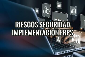 Persona trabajando en un portátil con iconos de gestión que ilustran los riesgos de seguridad en la implementación de ERPs.