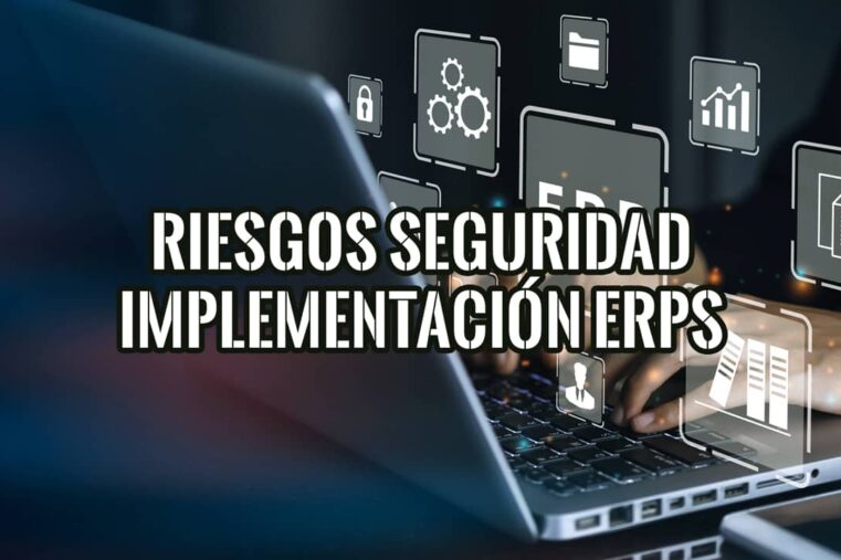 Persona trabajando en un portátil con iconos de gestión que ilustran los riesgos de seguridad en la implementación de ERPs.