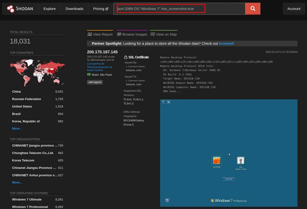 8 Herramientas OSINT para Ciberseguridad y Reconocimiento 19 Interfaz de la herramienta OSINT Shodan con una búsqueda del puerto 3389 (RDP) en Windows 7, mostrando como resultado la pantalla de inicio de sesión de un sistema expuesto en internet.