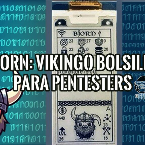 Collage del gadget Bjorn, el vikingo de bolsillo para pentesters, con su pantalla e-paper y un fondo de código binario.