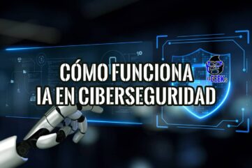 Ilustración futurista de una mano robótica interactuando con una interfaz digital sobre cómo funciona la IA en ciberseguridad.