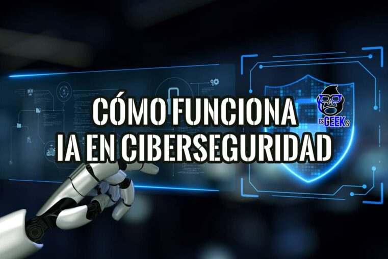 Ilustración futurista de una mano robótica interactuando con una interfaz digital sobre cómo funciona la IA en ciberseguridad.