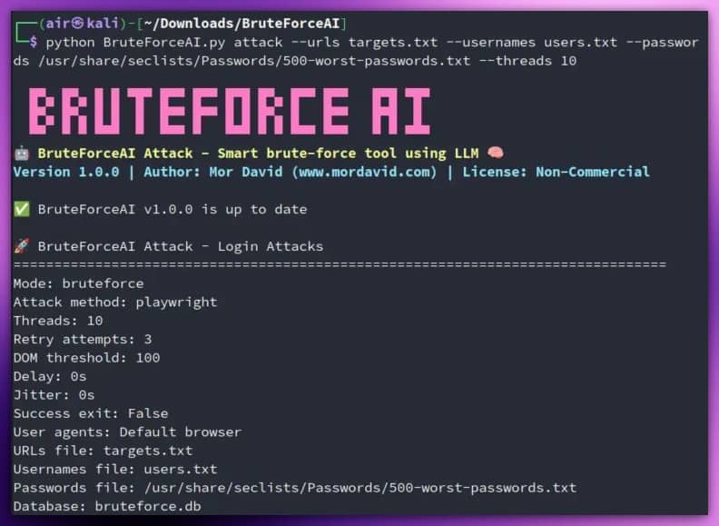 Comando de ejemplo para el tutorial de BruteForceAI