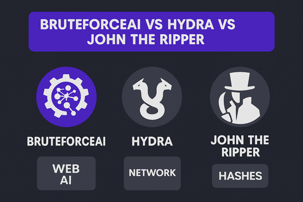 Infografía: BruteForceAI (IA web) vs Hydra (red) vs John the Ripper (hashes)