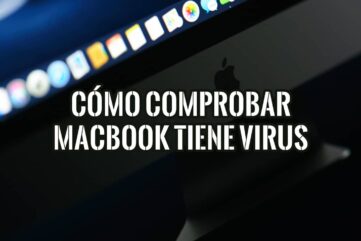 Primer plano de un MacBook con texto superpuesto que pregunta cómo comprobar si tiene virus, con el dock de macOS al fondo.