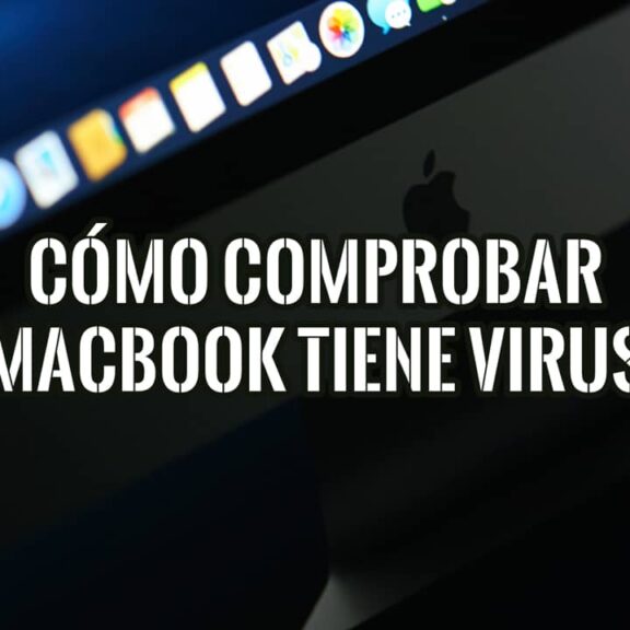 Primer plano de un MacBook con texto superpuesto que pregunta cómo comprobar si tiene virus, con el dock de macOS al fondo.