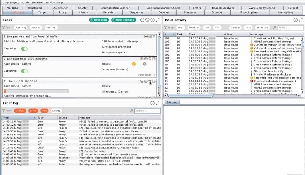 Dashboard de una de las herramientas para escanear vulnerabilidades web