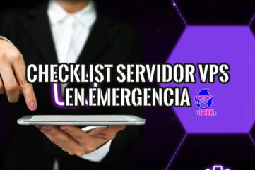 Persona profesional revisando un checklist en una tablet para un servidor VPS en emergencia, con un fondo tecnológico.