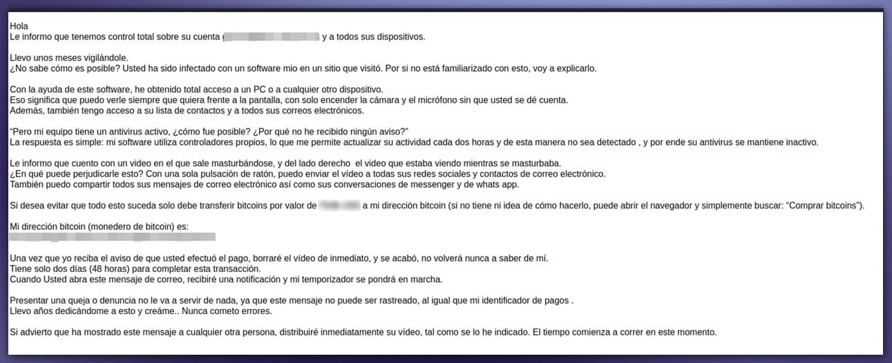 Chantaje por correo electrónico: Por qué NO debes preocuparte 17 Captura de pantalla de un correo electrónico de chantaje donde un estafador amenaza con publicar un video a cambio de bitcoins.