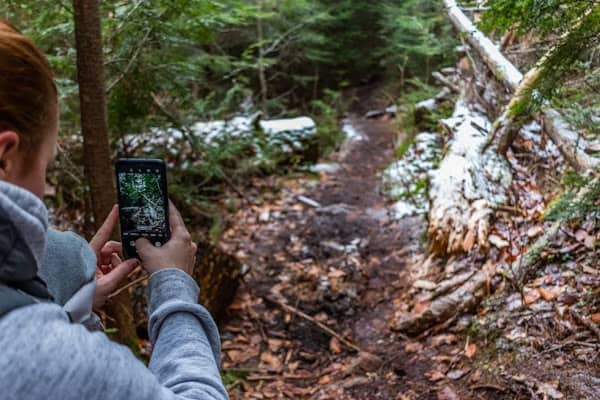 Cómo Tomar Fotos Profesionales con tu Celular: Guía Completa 2025 19 Mujer usando la cámara de su celular para tomar fotos profesionales de un sendero nevado en el bosque, aplicando técnicas de encuadre.
